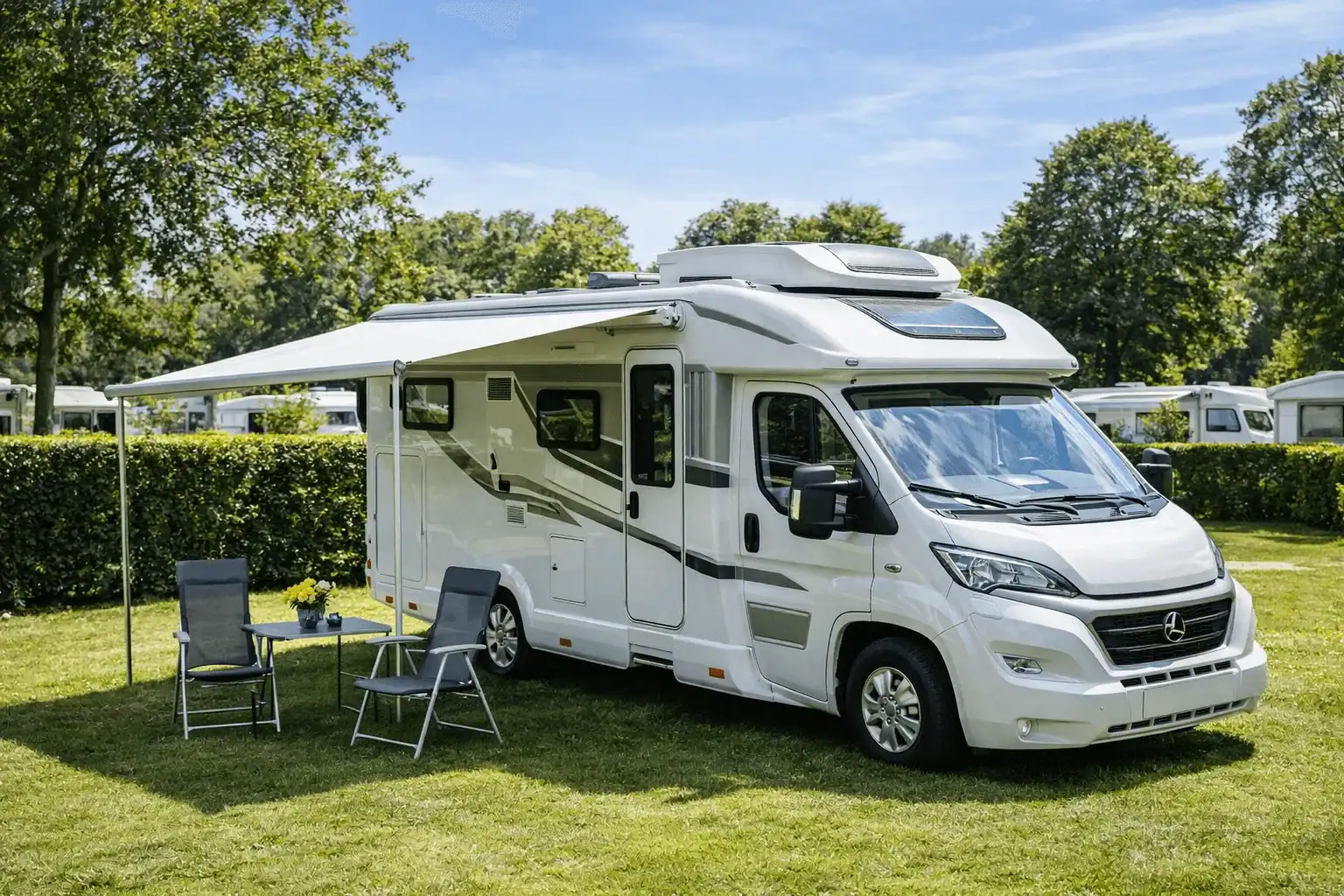 Camper op een zonnige camping met goed onderhouden dakairco