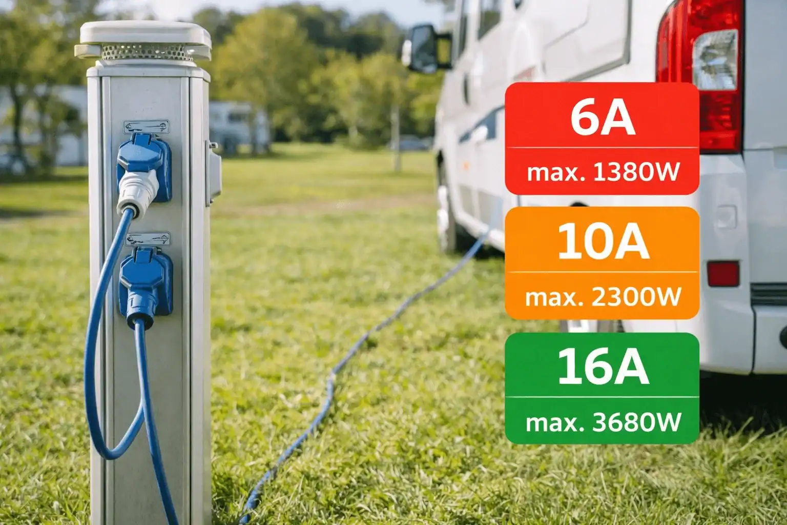 Campingstroom voor airco op camper - 6A 10A 16A vergelijking