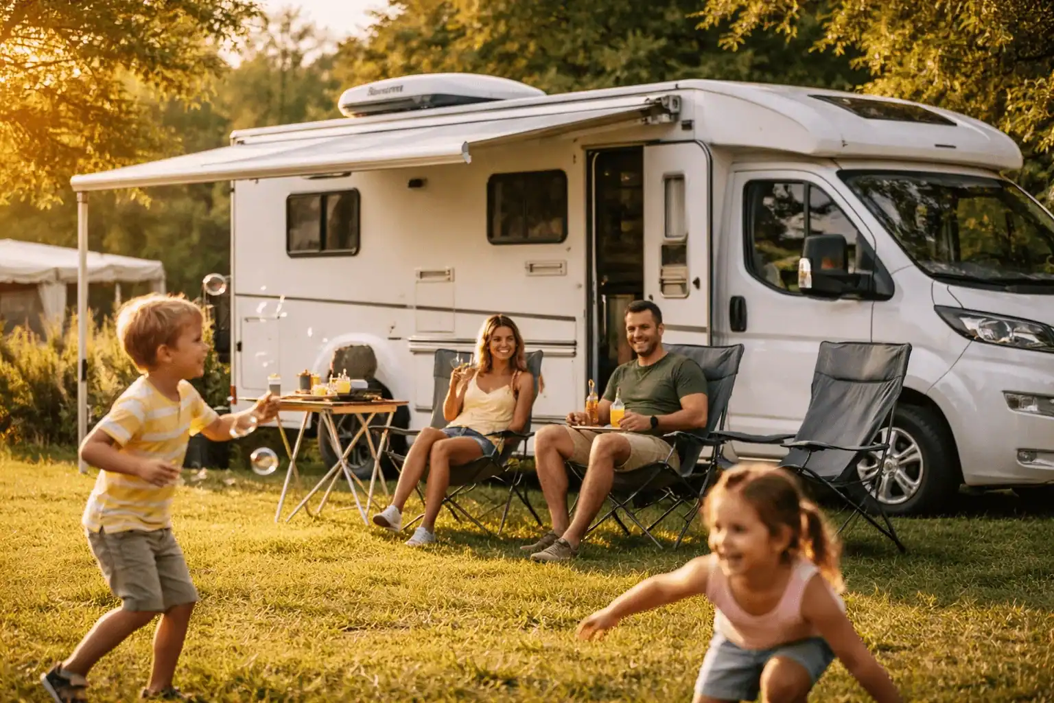 Gezin met camper op camping in de zomer - airco scenario
