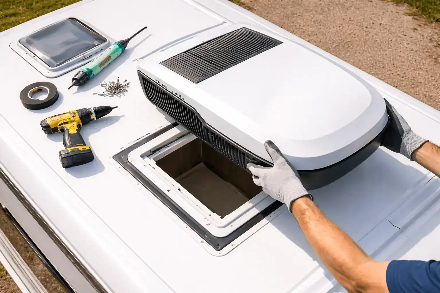 Dakairco installatie op camperdak - montageproces