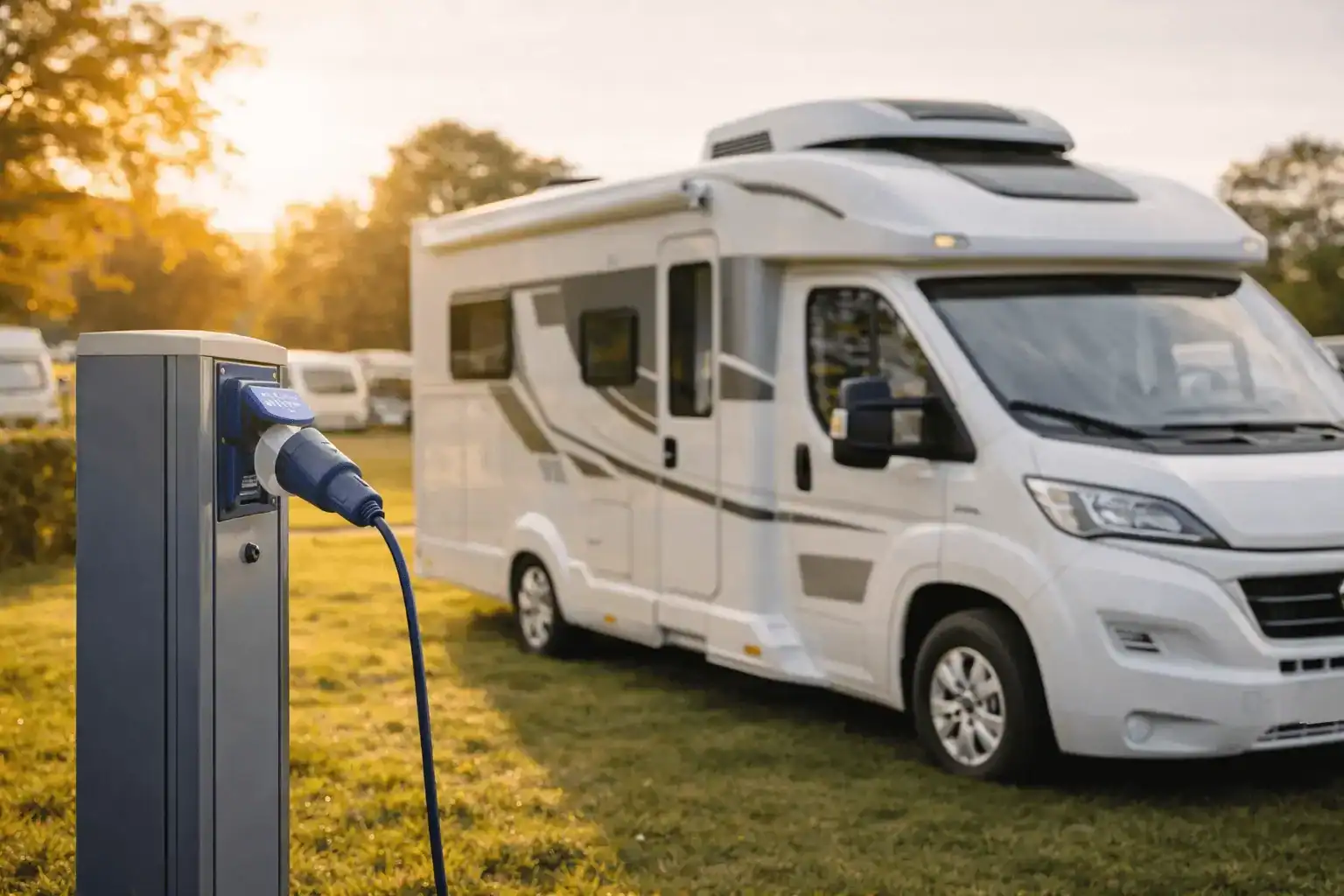 Camper aangesloten op walstroom met dakairco - camping setting