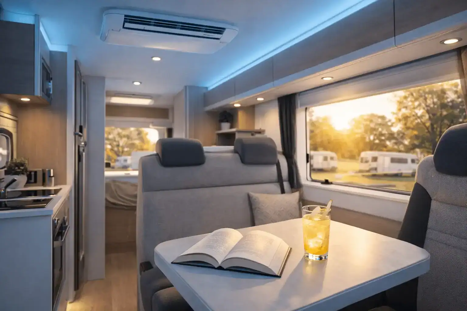 Comfortabel gekoelde camper op camping in de zomer