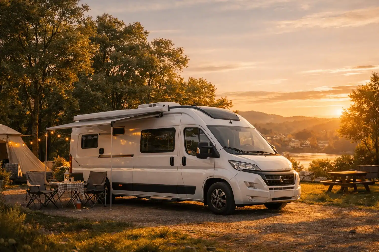 Buscamper met uitgedraaide luifel op een camping bij zonsondergang