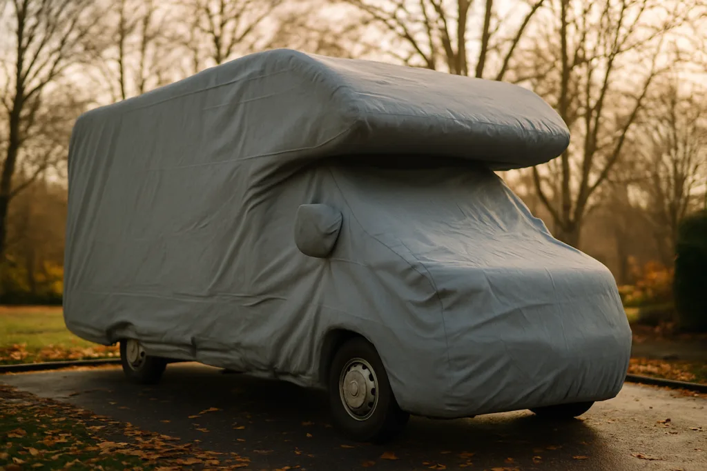 Camper op een oprit volledig afgedekt met een grijze beschermhoes in herfstlicht