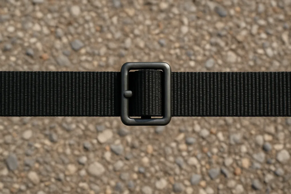 Strak gespannen zwarte nylon band met metalen gesp boven een grindondergrond
