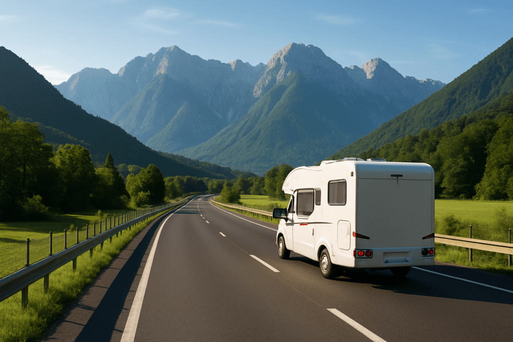 Camper op een Sloveense snelweg met de Julische Alpen op de achtergrond