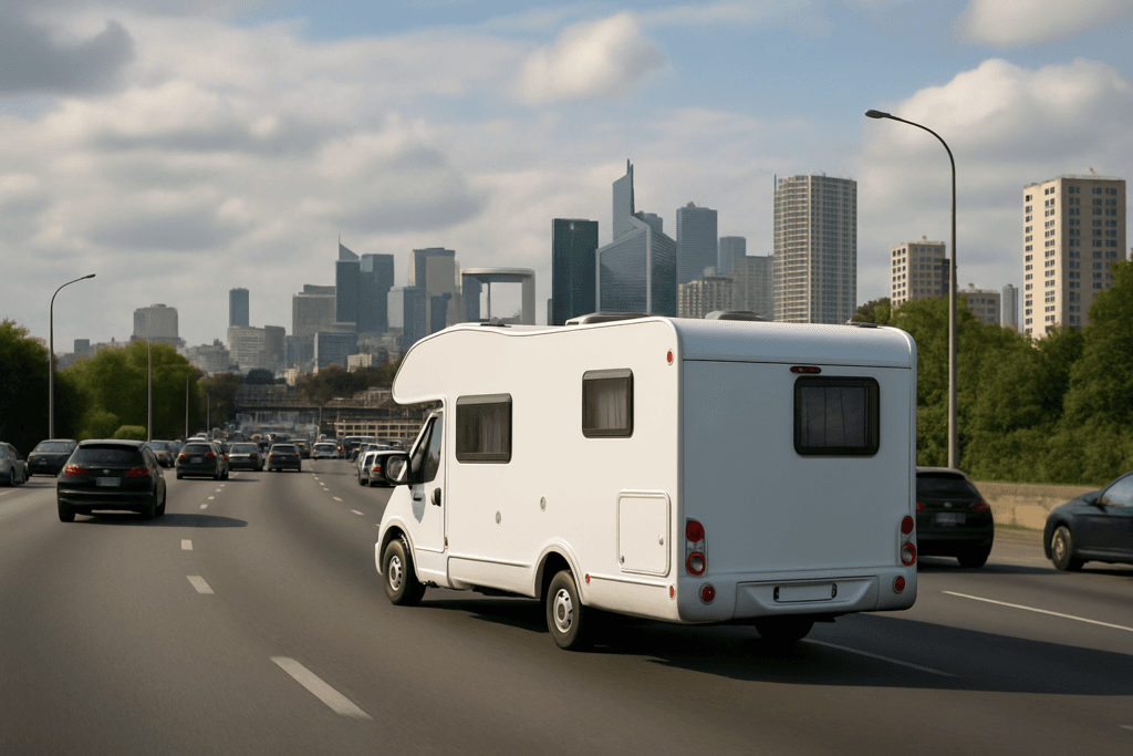 Camper op een ringweg rond een grote Franse stad