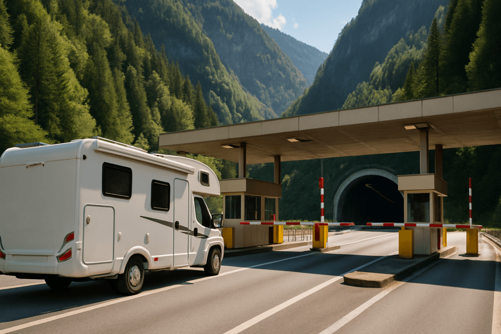 Camper bij het tolstation van een Oostenrijkse alpentunnel