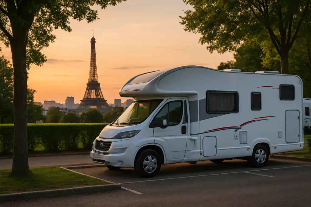 Camper op een camperplaats aan de rand van Parijs met de stad op de achtergrond