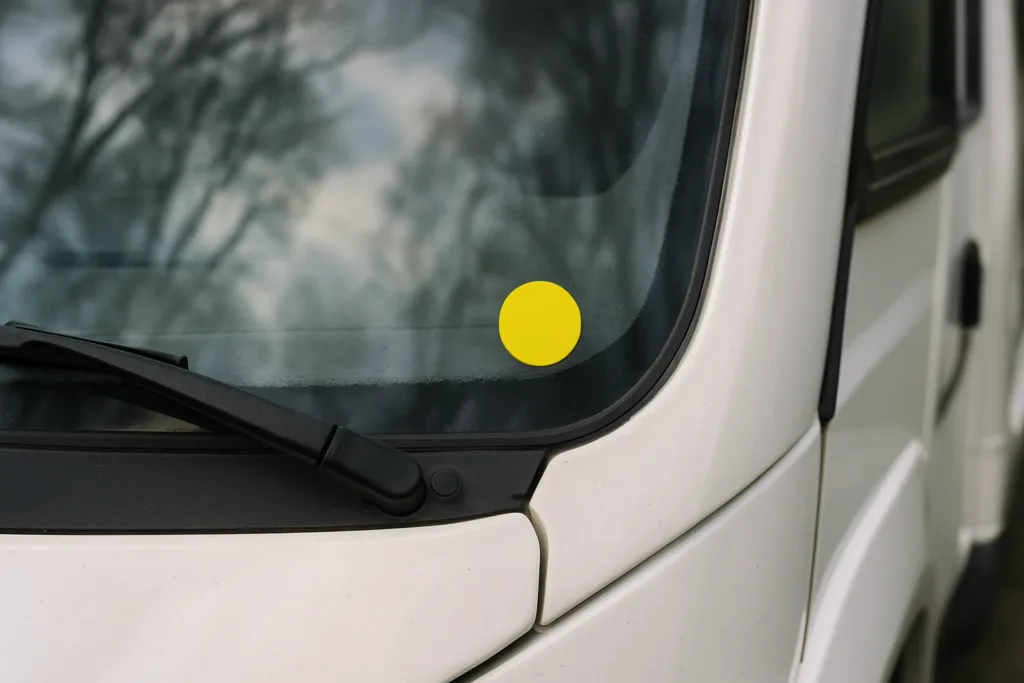 Milieusticker rechtsonder op de voorruit van een camper, gezien van buiten