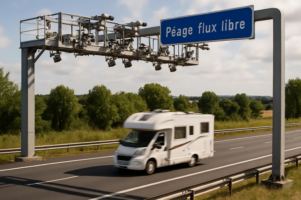 Portaal met camera’s boven een Franse snelweg zonder tolpoorten (flux libre), camper rijdt eronderdoor