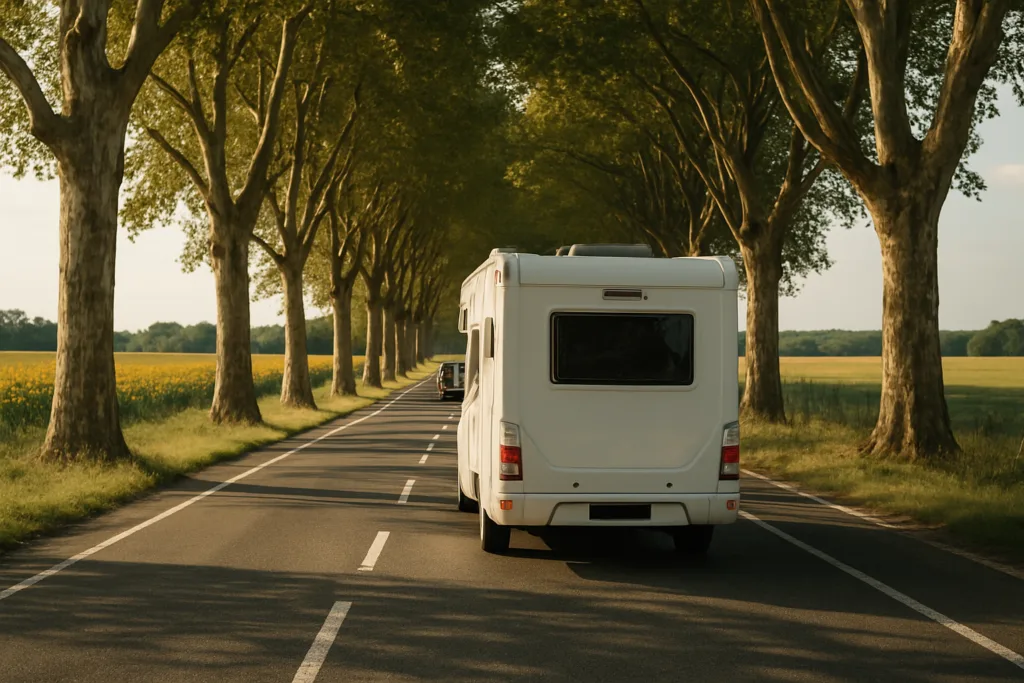 Camper op een Franse route nationale met platanen, het gratis alternatief voor de autoroute