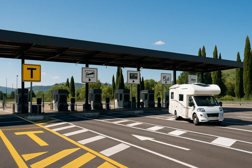 Camper nadert een Italiaans tolstation met witte betaalstroken en een gele Telepass-strook