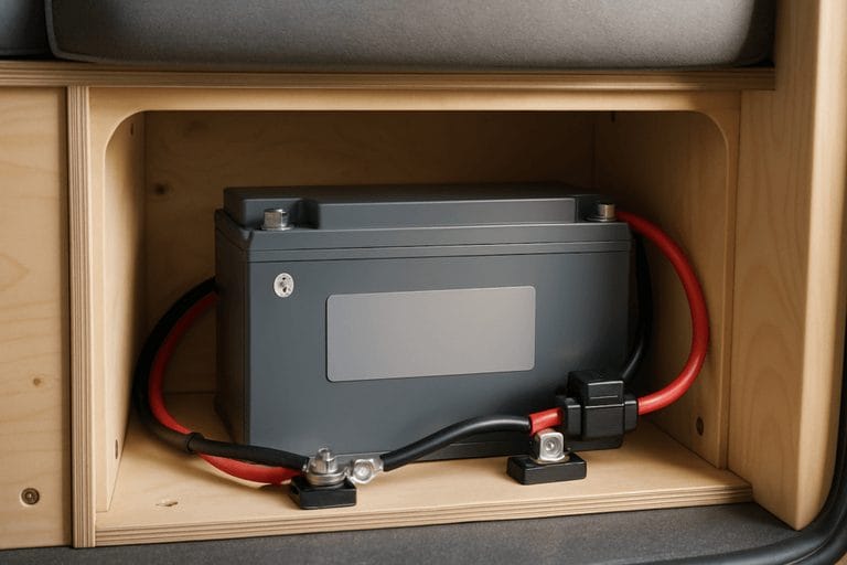 Huishoudaccu in de accubak onder de zitbank van een camper, met zekering op de pluspool en een shunt op de minkabel