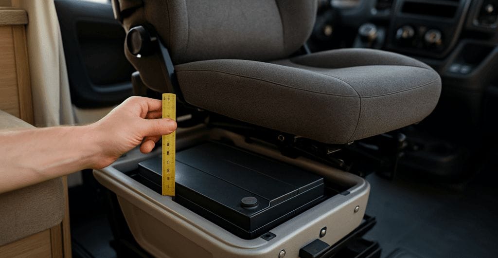 Bijrijdersstoel van een Fiat Ducato-camper naar voren gekanteld, met de lage accubak in de stoelbasis en een rolmaat ernaast