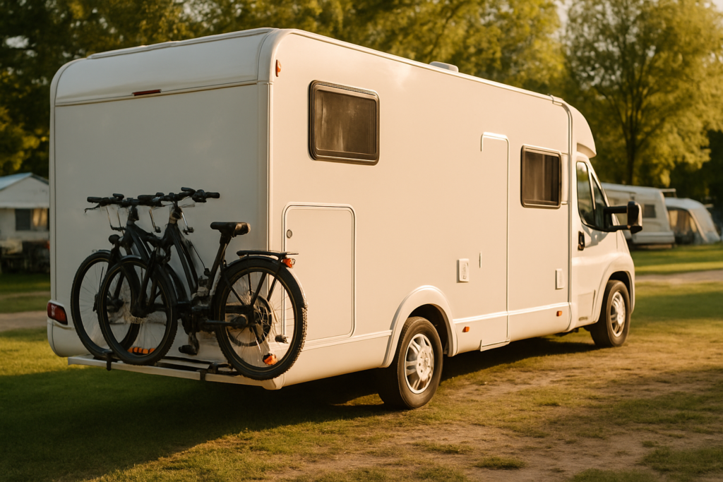 Twee e-bikes op de fietsendrager ver achter de achteras van een camper