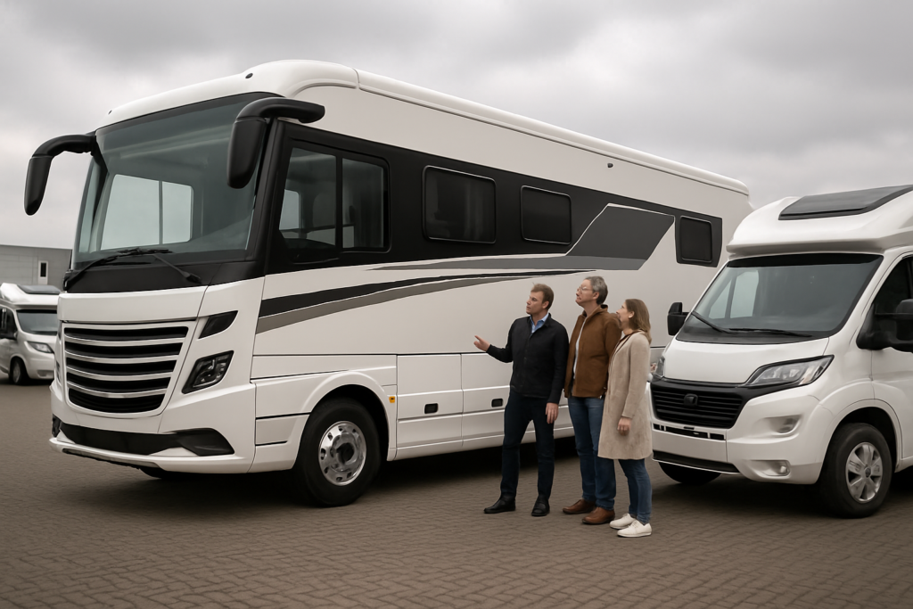 Grote liner-camper met dubbele achteras naast een compacte camper bij een dealer