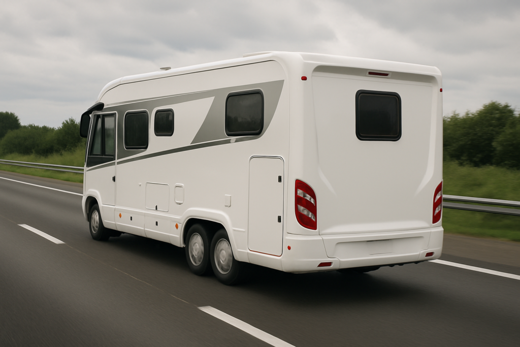 Grote integraalcamper met dubbele achteras op de snelweg