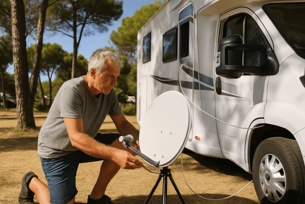 Man richt een satellietschotel op een statief naast zijn camper op een zonnige camping