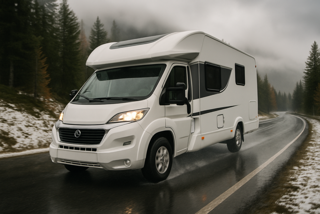 Witte camper op een natte bergweg met sneeuw in de berm, all-season band op het voorwiel goed zichtbaar