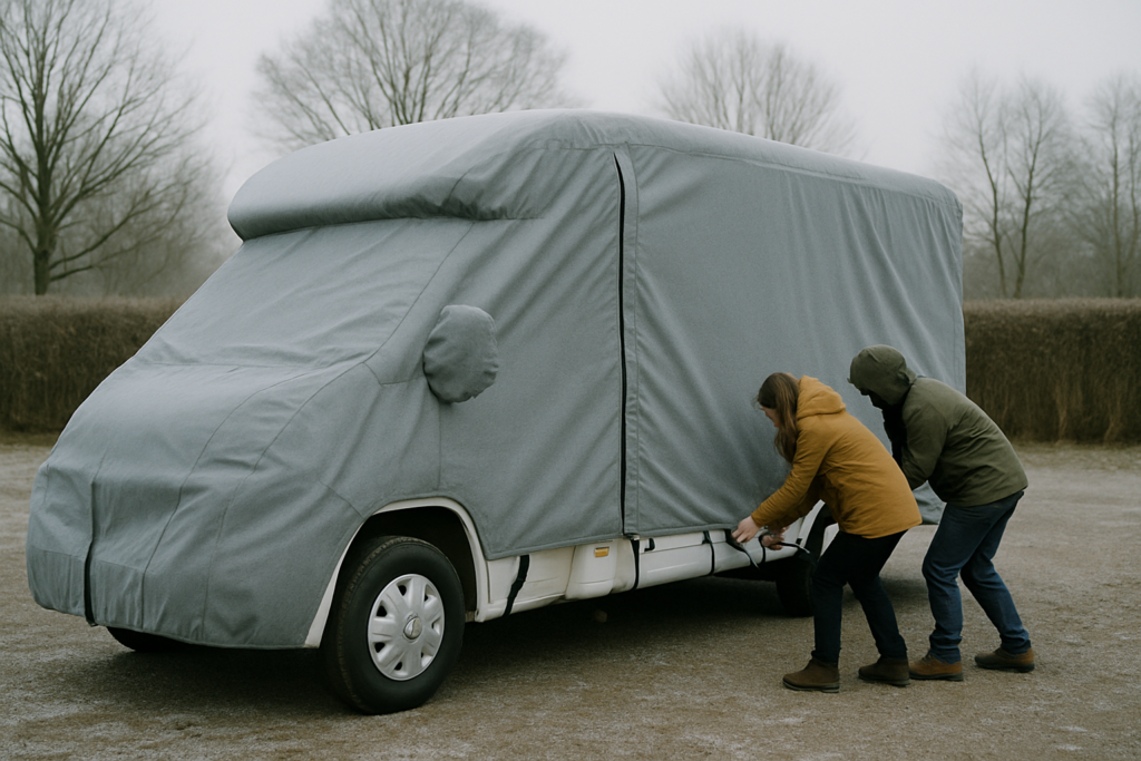 Twee mensen trekken de laatste spanband strak van een grijze ademende hoes over een camper op een grindterrein in de winter