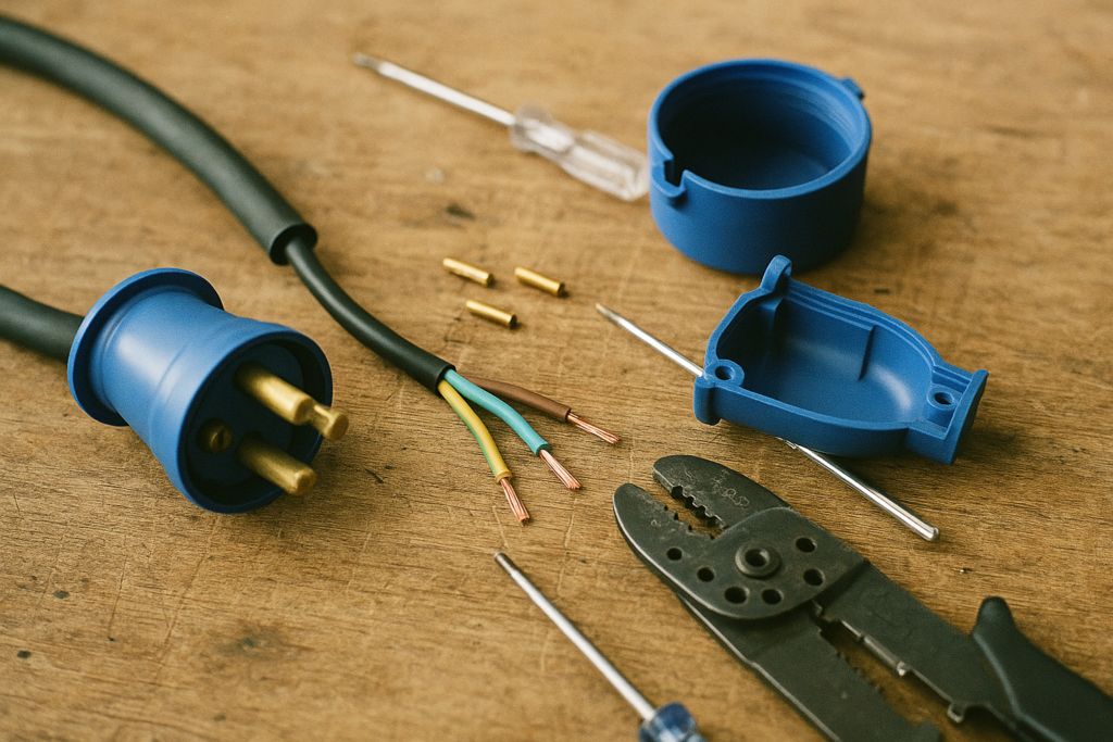 Opengeschroefde blauwe CEE-stekker op een werkbank met een gestripte kabel: geel-groen, bruin en blauw, schroevendraaier en adereindhulzen