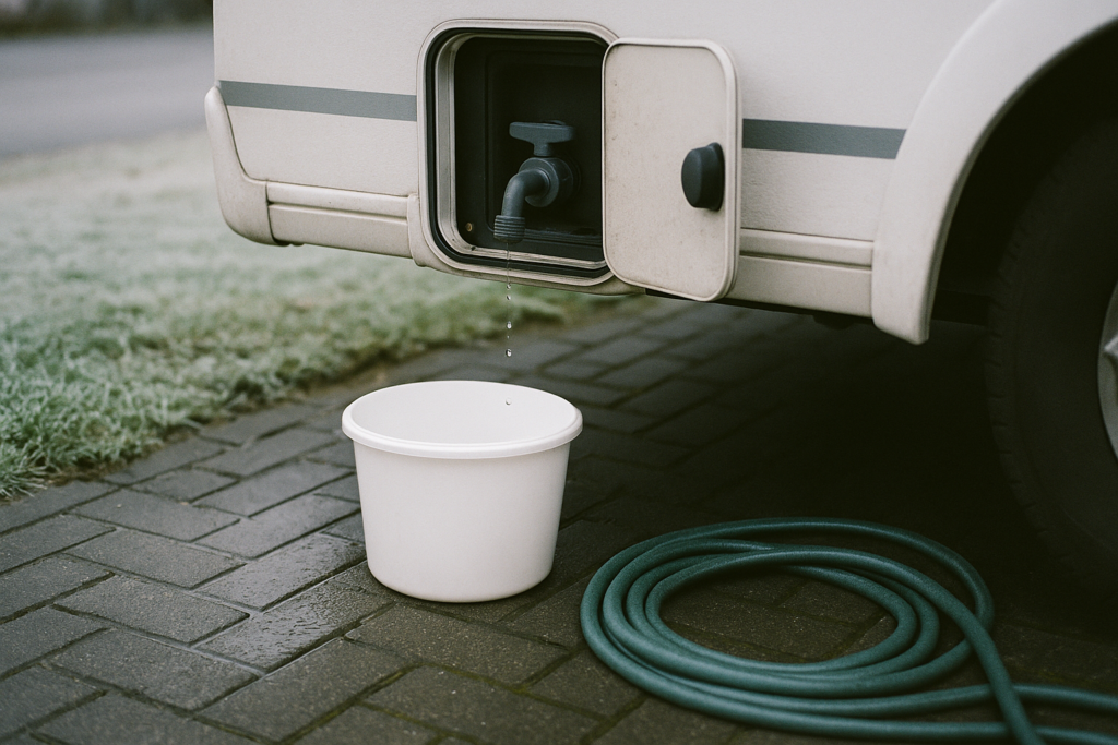 Open aftapkraan van de schoonwatertank onder een camper, laatste druppels in een emmer, vorst op het gras