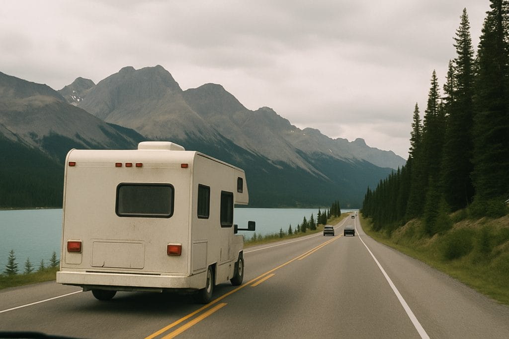 Huurcamper op een weg door de bergen langs een gletsjermeer in de Canadese Rockies