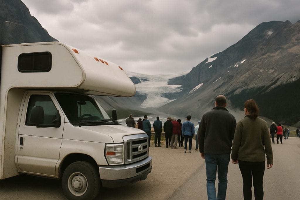 Huurcamper bij een druk uitzichtpunt op de Icefields Parkway met een gletsjer