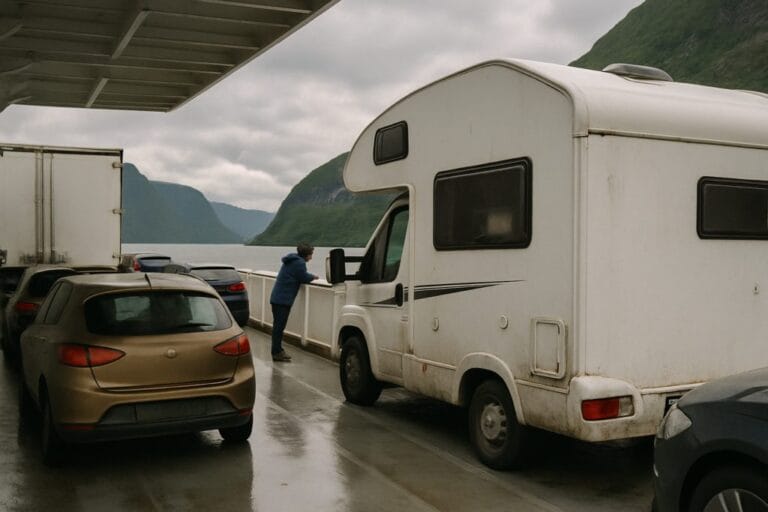 Huurcamper tussen auto's en een vrachtwagen op het autodek van een Noorse veerpont