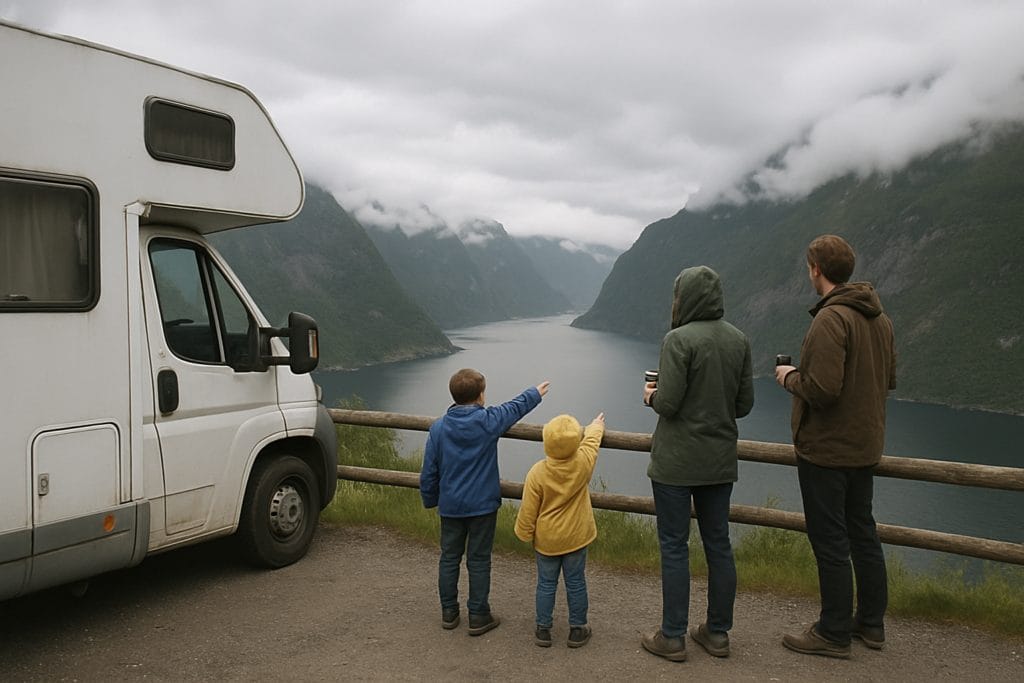 Gezin met kinderen bij een huurcamper kijkt uit over een Noors fjord met laaghangende wolken
