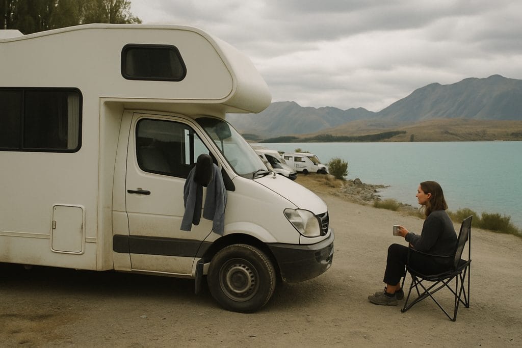 Vrouw met een mok naast een huurcamper op een camping aan een turquoise meer in Nieuw-Zeeland