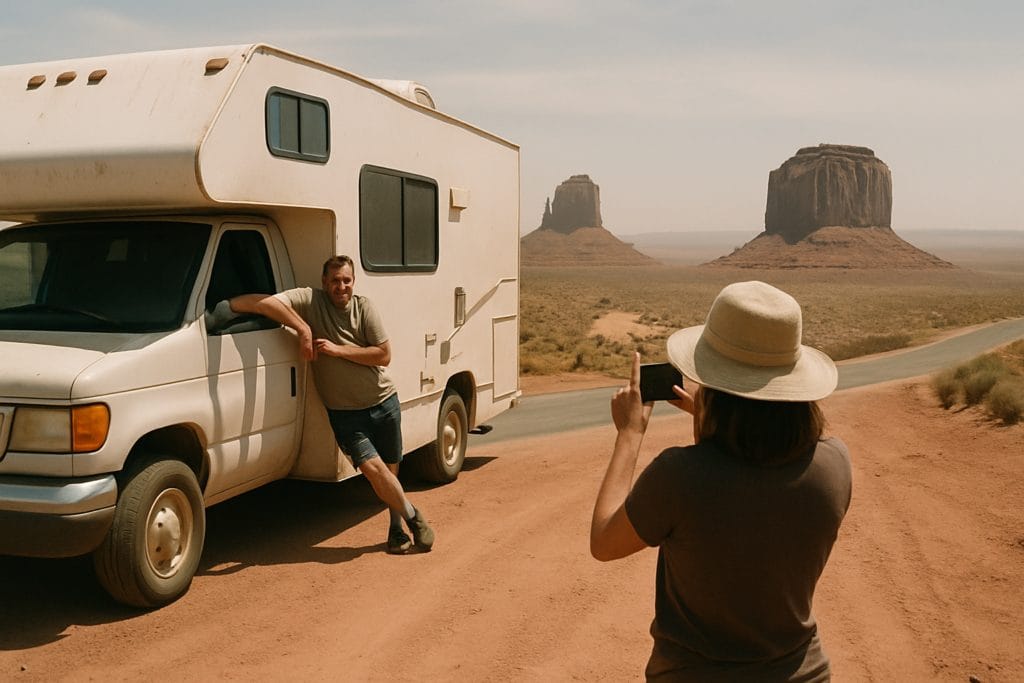 Vrouw fotografeert een man bij een huurcamper langs de weg in Monument Valley