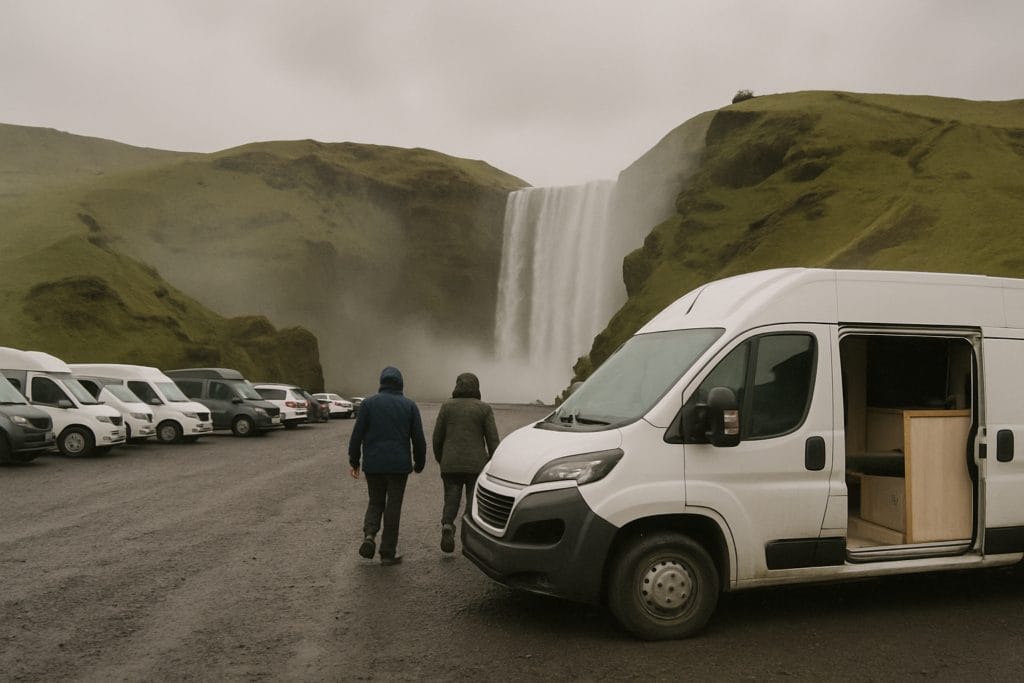 Campervans op de parkeerplaats bij een hoge waterval in IJsland, twee mensen in regenkleding lopen ernaartoe