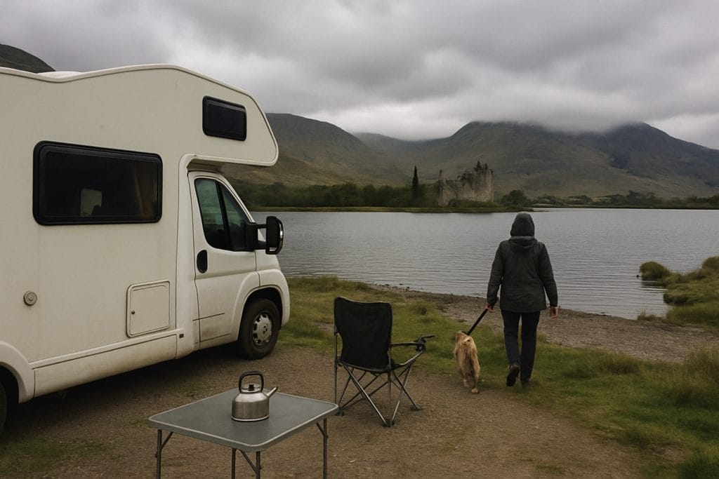 Vrouw laat een hond uit langs een loch naast een huurcamper, met een kasteelruïne aan de overkant