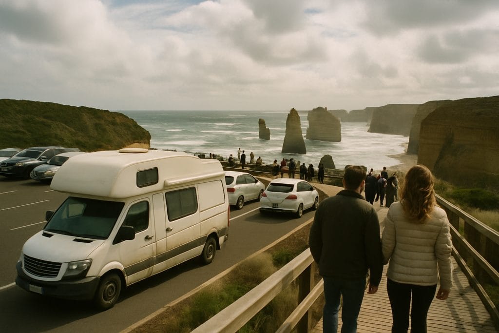 Campervan op de parkeerplaats bij de Twelve Apostles aan de Great Ocean Road