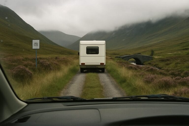 Campervan op een smalle eenbaansweg door een Schotse vallei, gezien vanuit de auto erachter