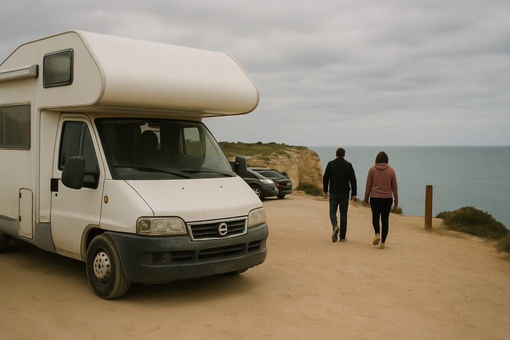 Huurcamper op een parkeerplaats boven de rotskust van de Algarve