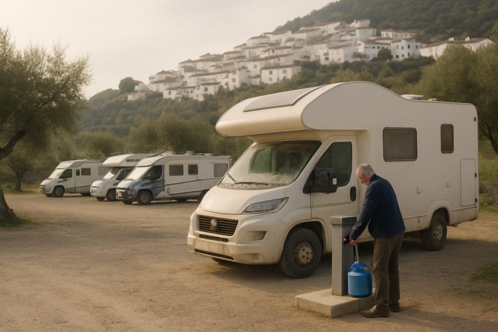 Camperplaats aan de rand van een wit dorp in Andalusië, een man vult water bij de servicezuil