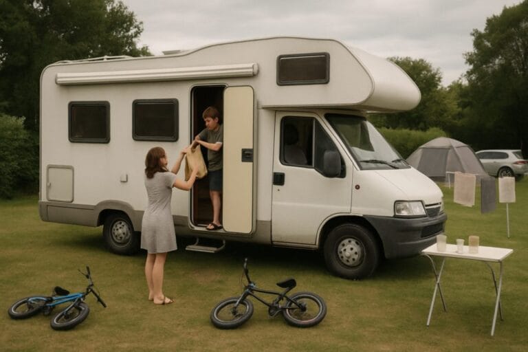 Moeder geeft een tas aan haar zoon in de deur van een alkoofcamper op een camping, met twee kinderfietsen in het gras