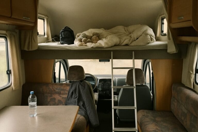Onopgemaakt alkoofbed boven de cabine van een huurcamper met knuffels, een rugzak en een trapje