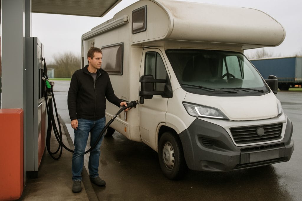 Man tankt diesel bij een huurcamper op een tankstation langs de snelweg