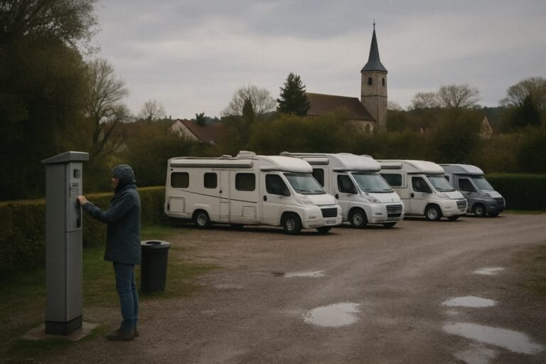 Campers op een eenvoudige camperplaats aan de rand van een dorp met een betaalautomaat
