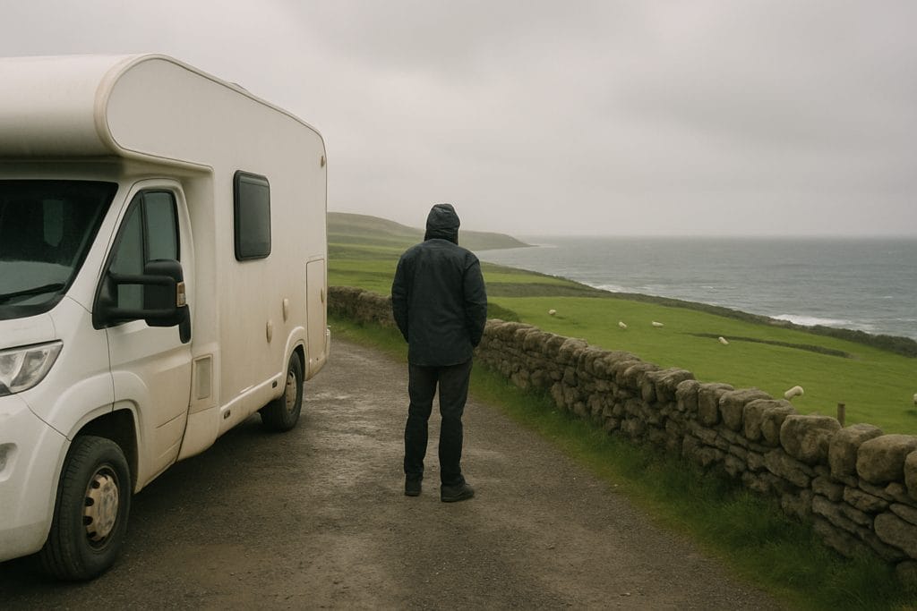 Huurcamper langs een smalle kustweg in het westen van Ierland met stenen muurtjes en schapen