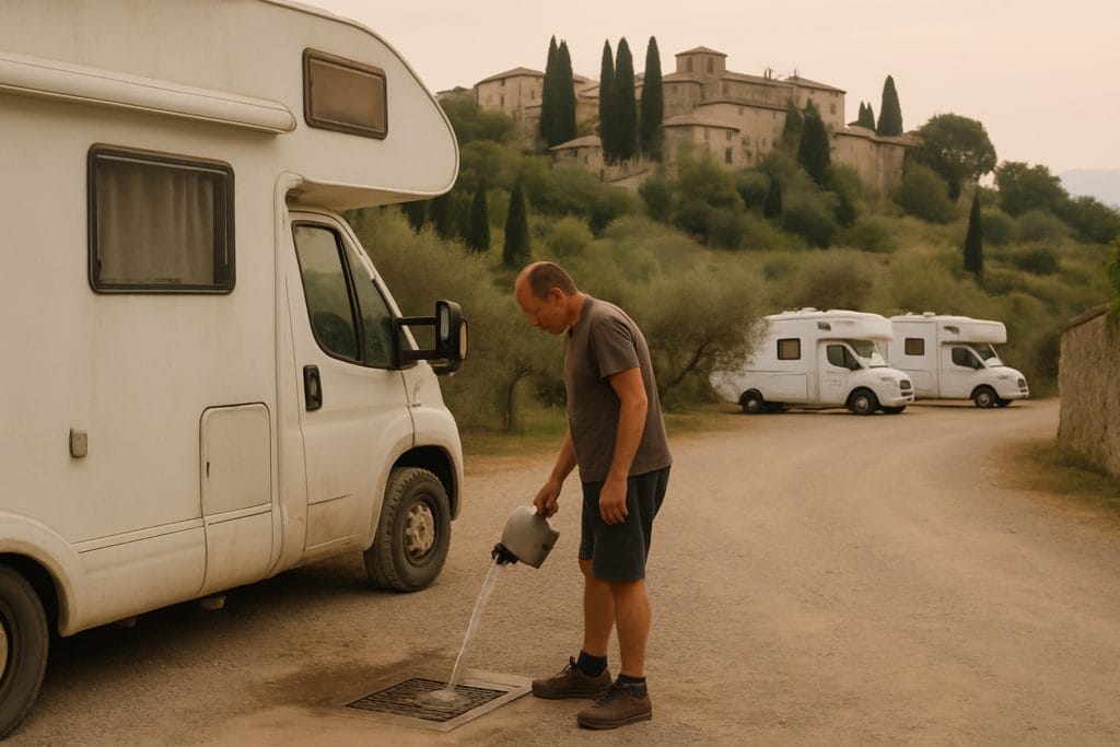 Man leegt een kan in het putje van een camperplaats aan de rand van een Toscaans heuveldorp met cipressen