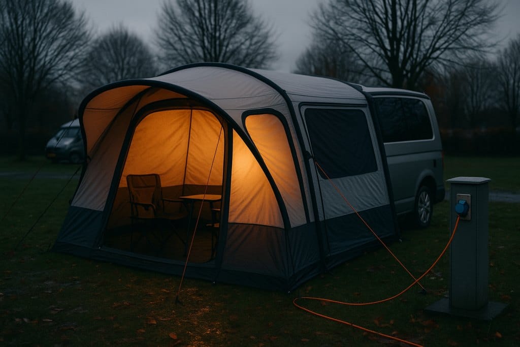 Verlichte voortent van een buscamper op een Nederlandse camping in de herfstavond, met een walstroompaal en oranje kabel ernaast