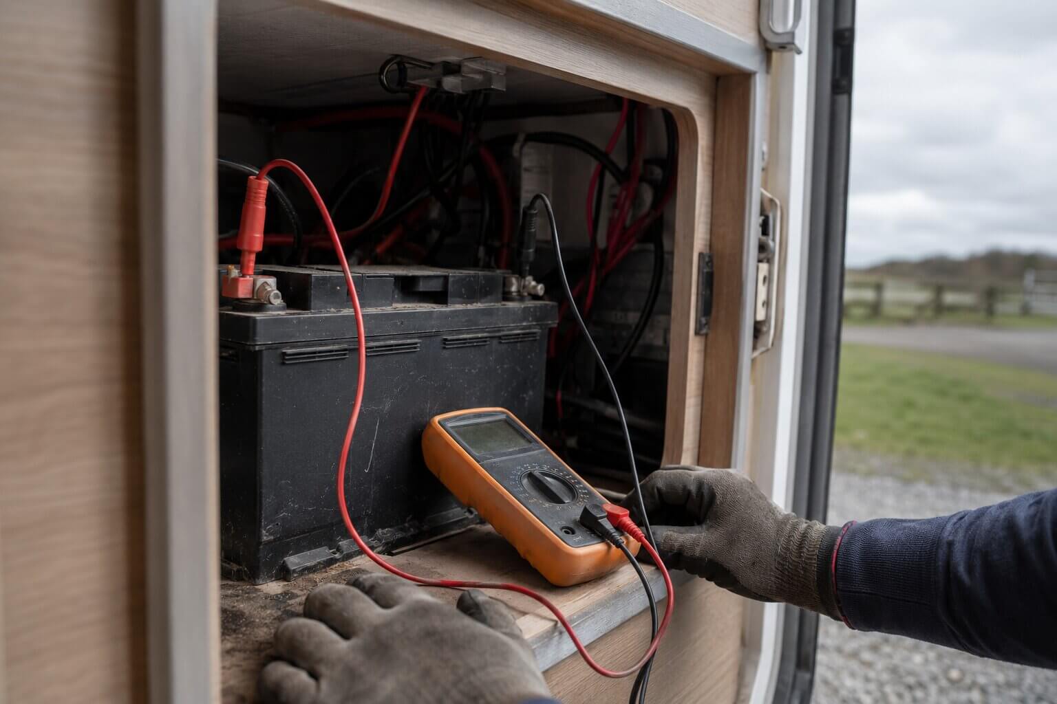 Handen met werkhandschoenen houden een multimeter vast met rode en zwarte meetpennen op de polen van een camperaccu in het buitenluik