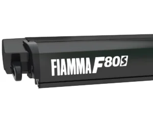 Fiamma F80 S cassetteluifel in Deep Black, close-up van de cassette