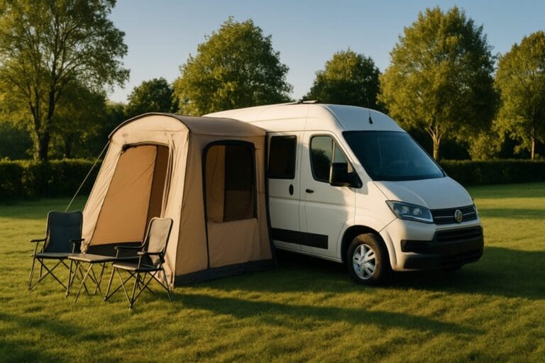 Witte buscamper op een grasveld met een losstaande voortent ernaast en twee campingstoelen ervoor