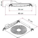 Maatschets van de Fiamma Turbo-Kit ventilator voor een dakluik van 40x40, met de maten erbij